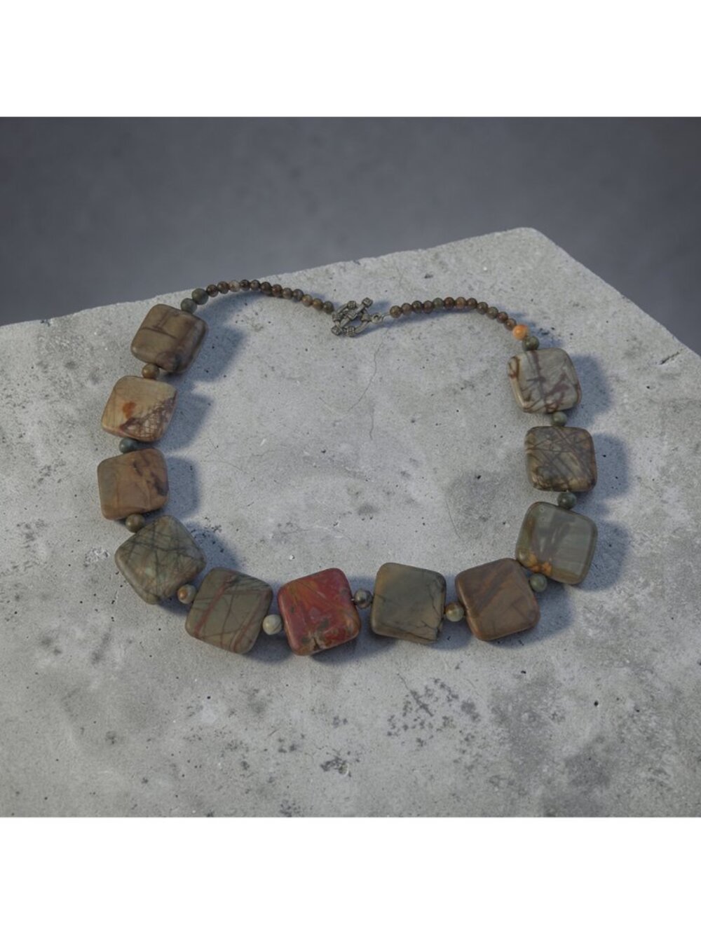 Vintage Jasper Stone Necklace Earthy Square Beads With Toggle Clasp Handmade - Picture 4 of 7